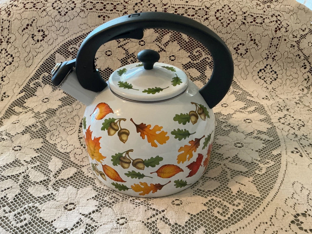New Temp-tations 2.3-qt Enamel on Steel Tea Kettle Autumn.Fall Seasonal