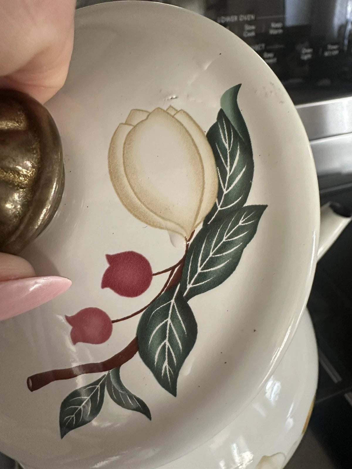 Vintage Enamel Lincoln Ware Metal Tea Kettle With Floral Design Gold Handle