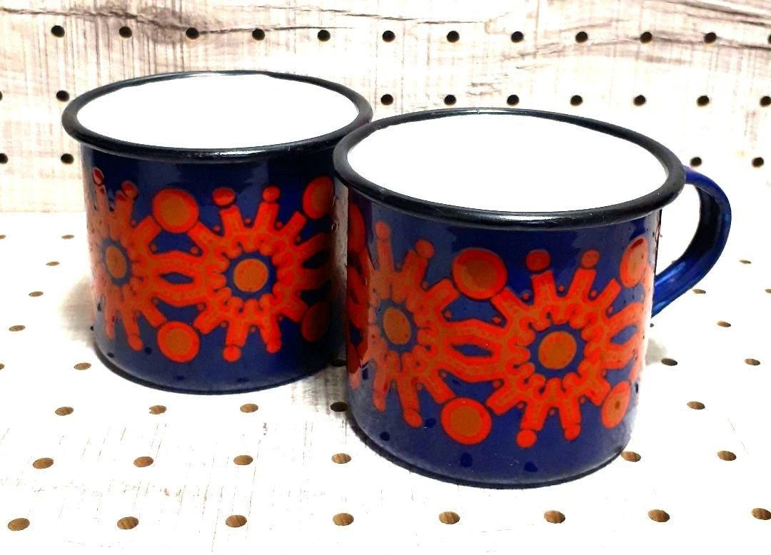 1960s Finel Arabia Enamel Pot Mug Set Red Blue Nordic Mid Century Authen Vintage