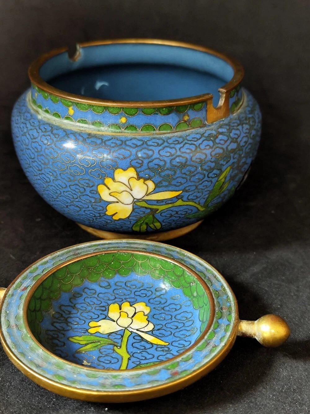 Chinese Antique Cloisonne Bowl Enamel Flowers Fine with Lid