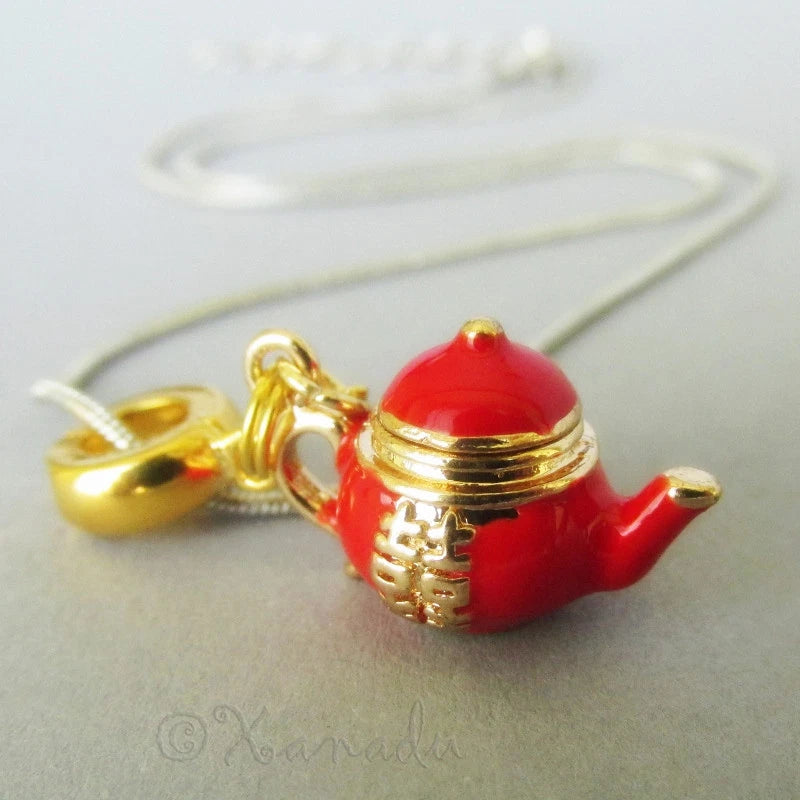 Red And Gold Double Happiness Asian Teapot European Pendant Charm Necklace