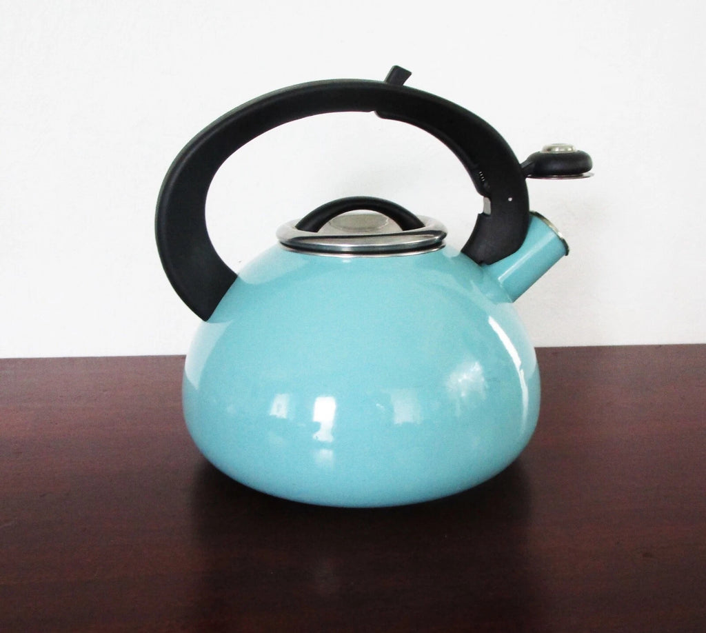 Enamel Tea Kettle Aqua Teal Whistling Black Handle 3 Quart Space Age Design