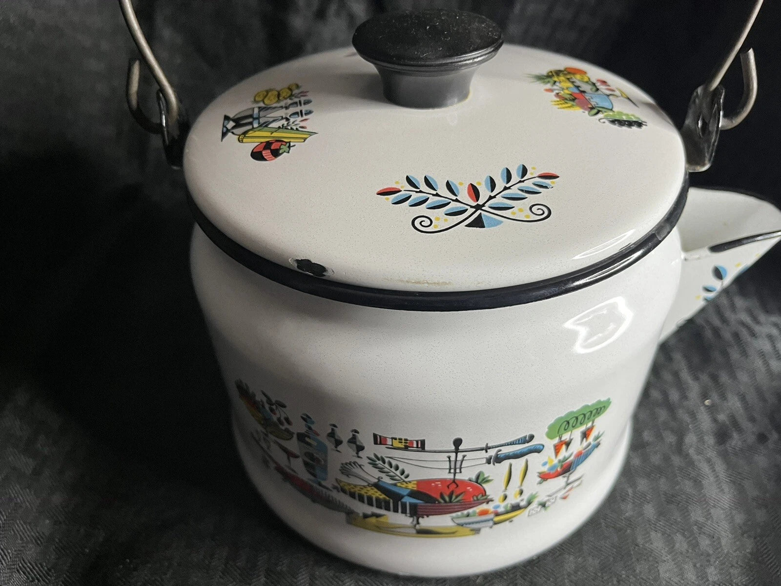 Georges Briard Enamel Retro Mid Century Turkey Dinner Graphics Teapot Kettle MCM