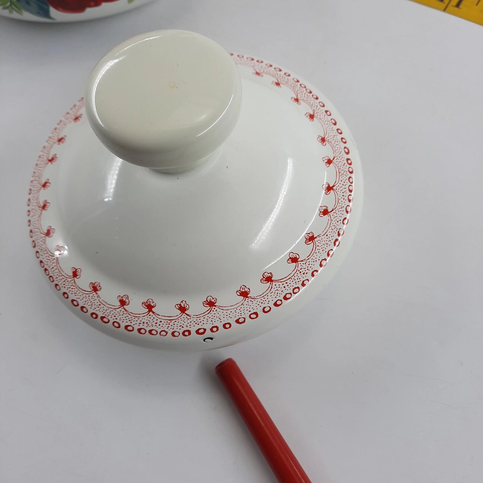 The Pioneer Woman  Enamel Tea Pot 11x9 Inches White & Red Floral Cool Handle EUC