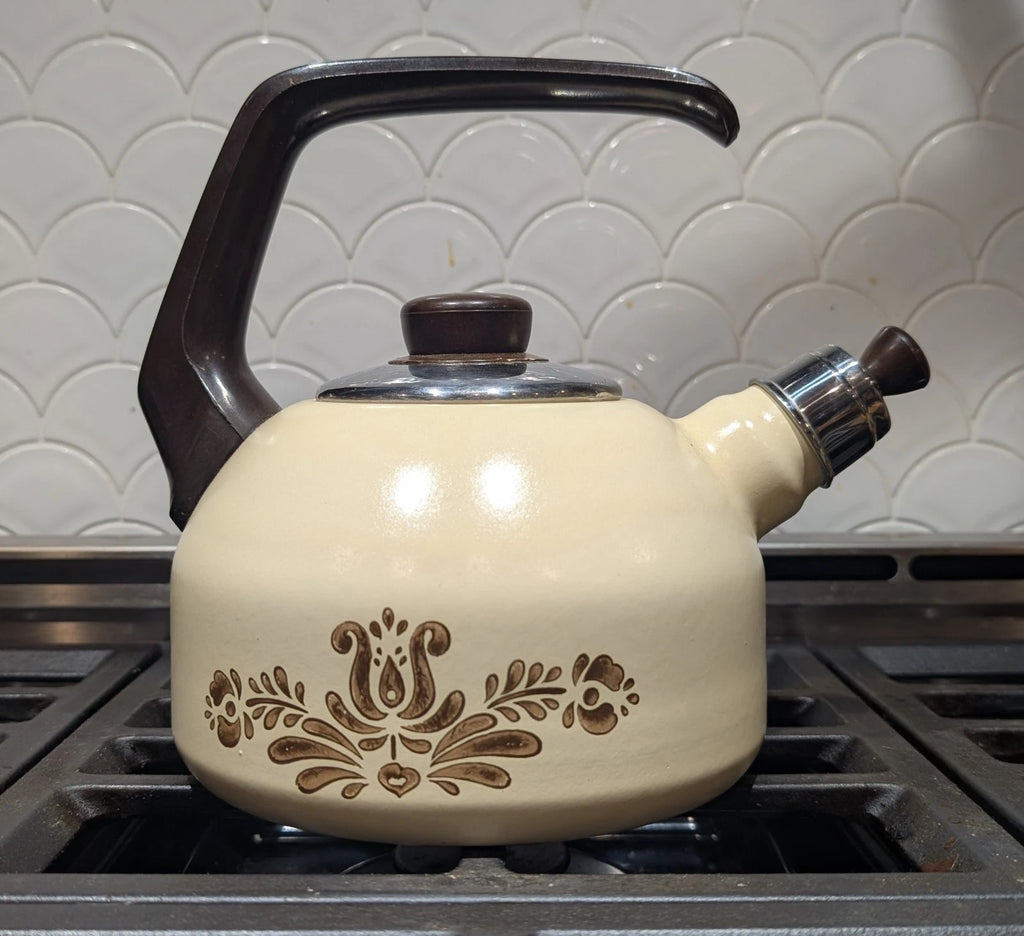 Rare Vintage Pfaltzgraff Village Enamelware Whistling Tea Kettle MCM Tea Pot