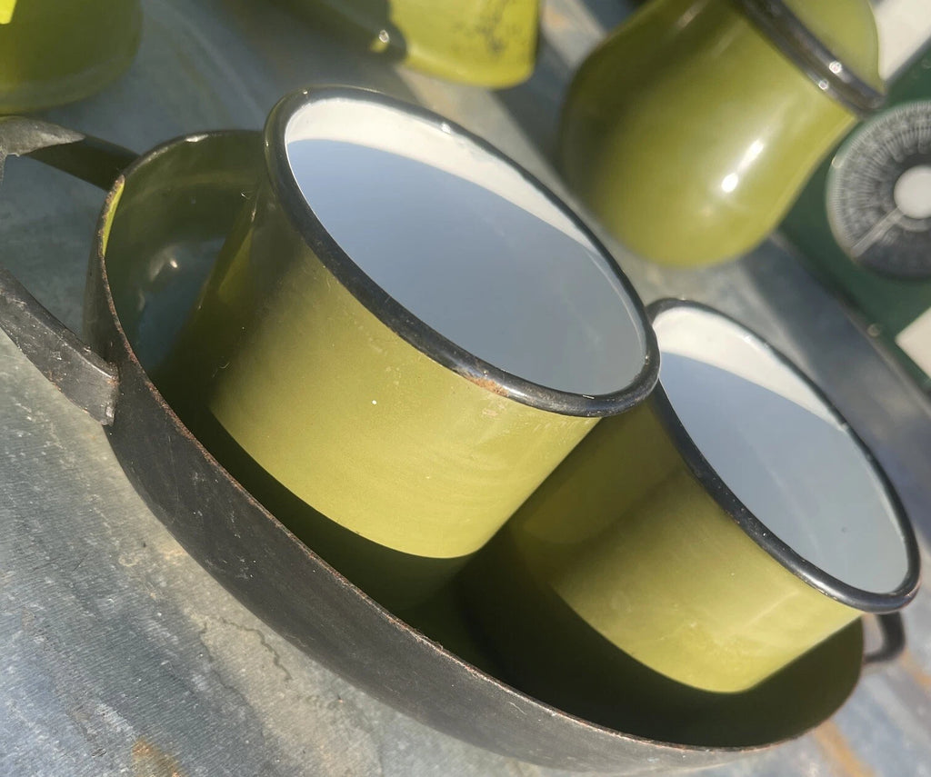 Vintage Collection Of Garden Green Enamelware Tea Pots Cups Container & Tray
