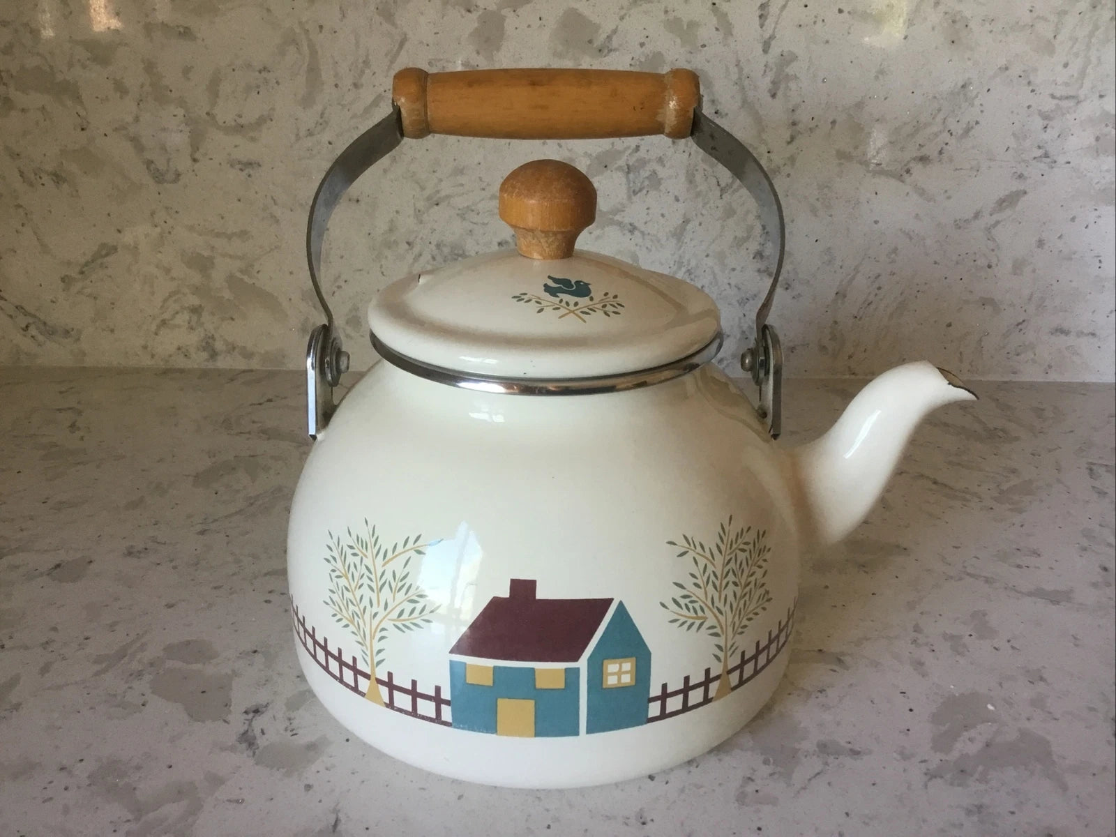 Himark Country Home 48 oz Enamel Tea Kettle w/Wood Handle VERY HARD TO FIND