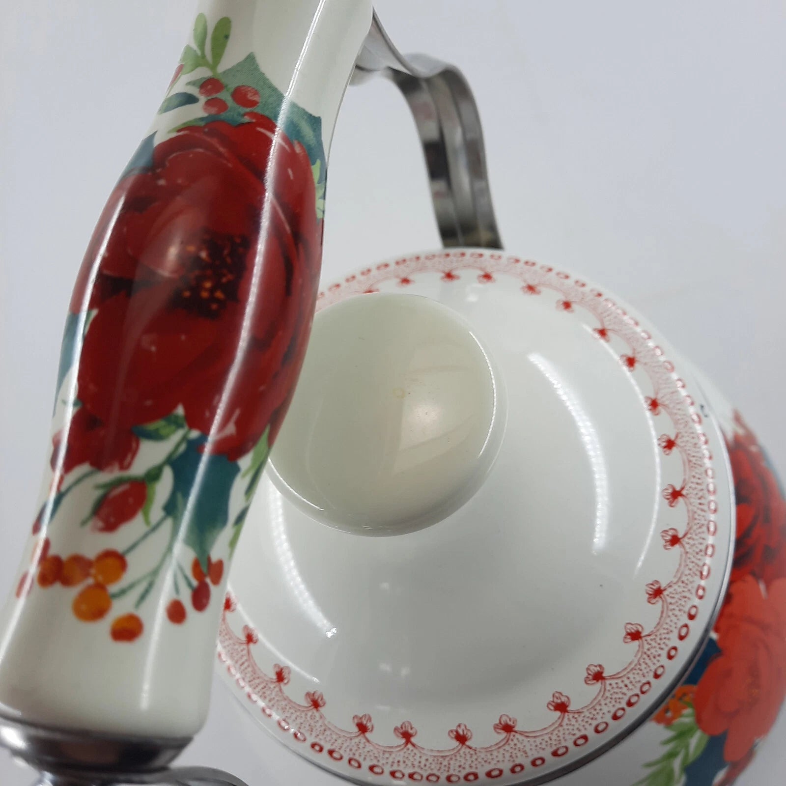 The Pioneer Woman  Enamel Tea Pot 11x9 Inches White & Red Floral Cool Handle EUC