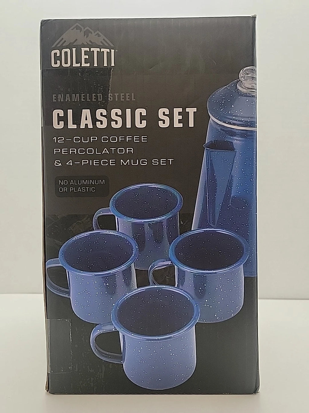 COLETTI Classic Camping Coffee Pot & Enamel Mug Set  Percolator Blue Glass Broke