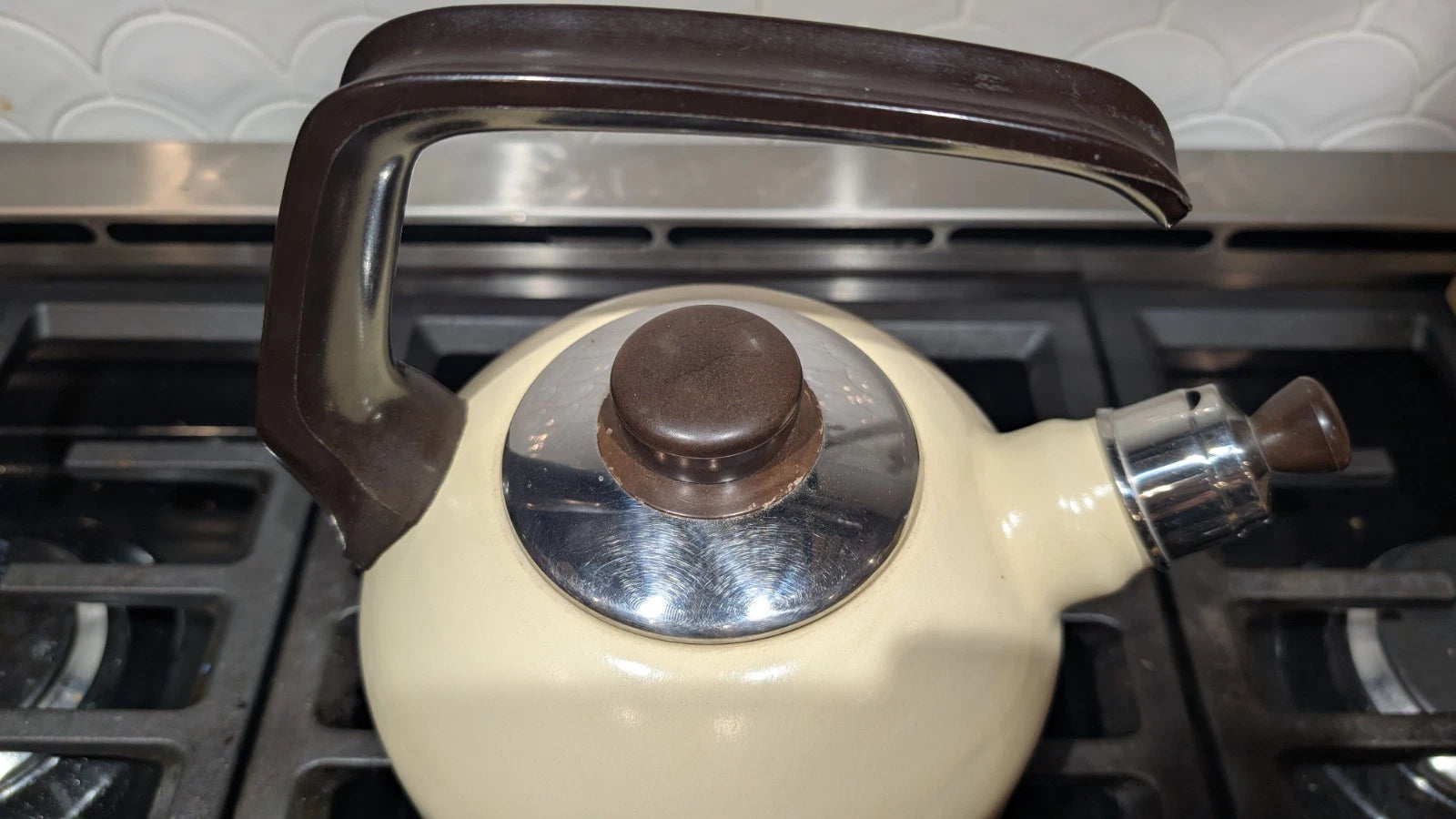 Rare Vintage Pfaltzgraff Village Enamelware Whistling Tea Kettle MCM Tea Pot