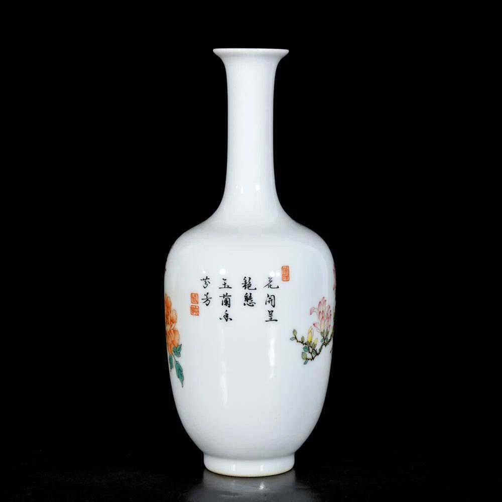 Qianlong Signed Pair Old Chinese Colour Enamel Vase W/bird N3736