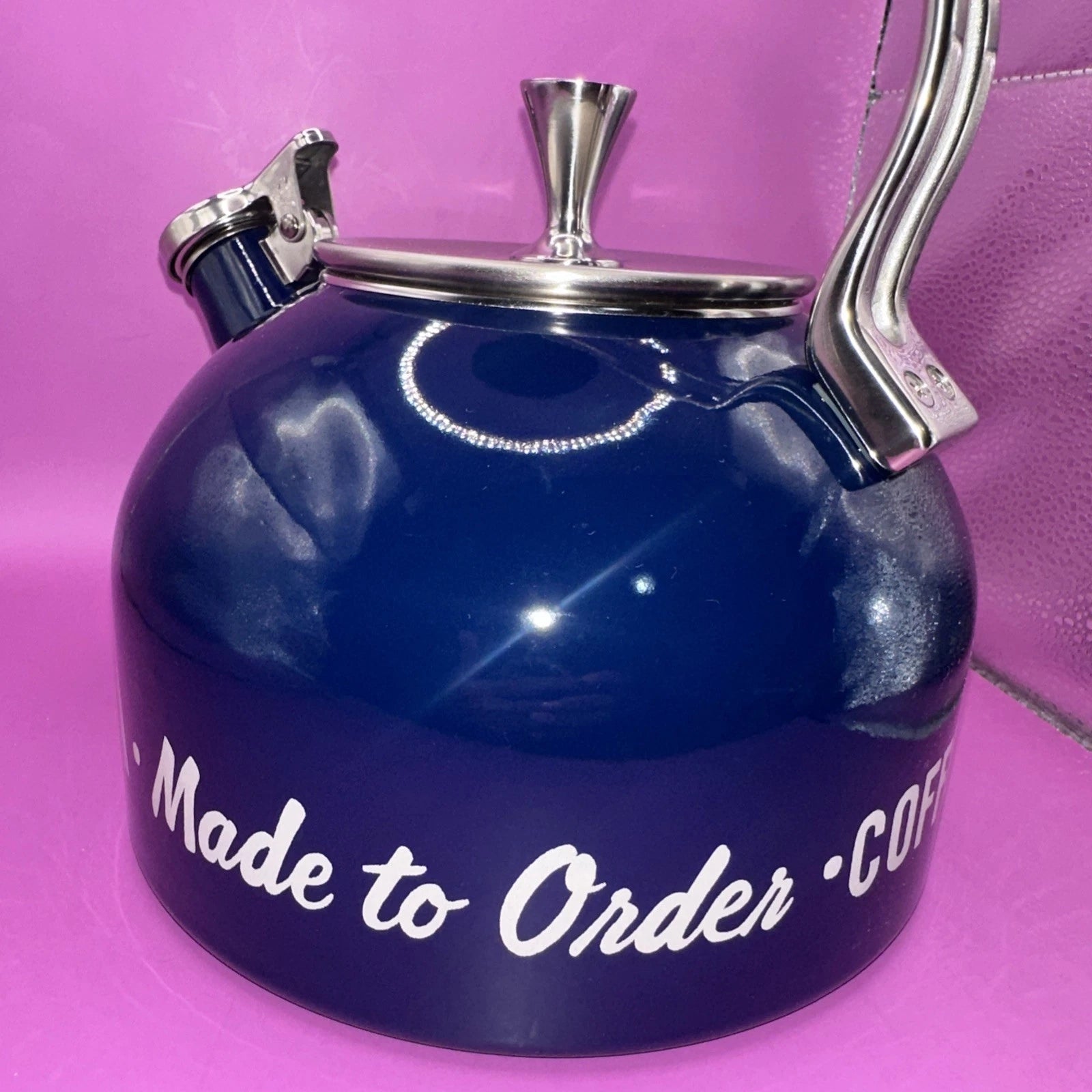 LENOX  KATE SPADE MADE TO ORDER COFFEE TEA KETTLE NAVY BLUE SILVER NICE COND