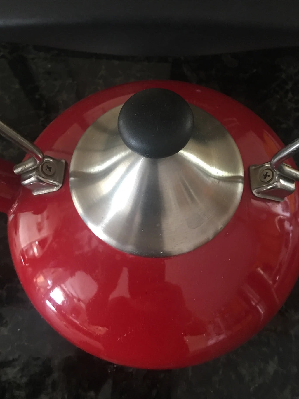 Vintage CHANTAL Whistling Tea Kettle Teapot Stovetop Enamel Red &  Silver Top