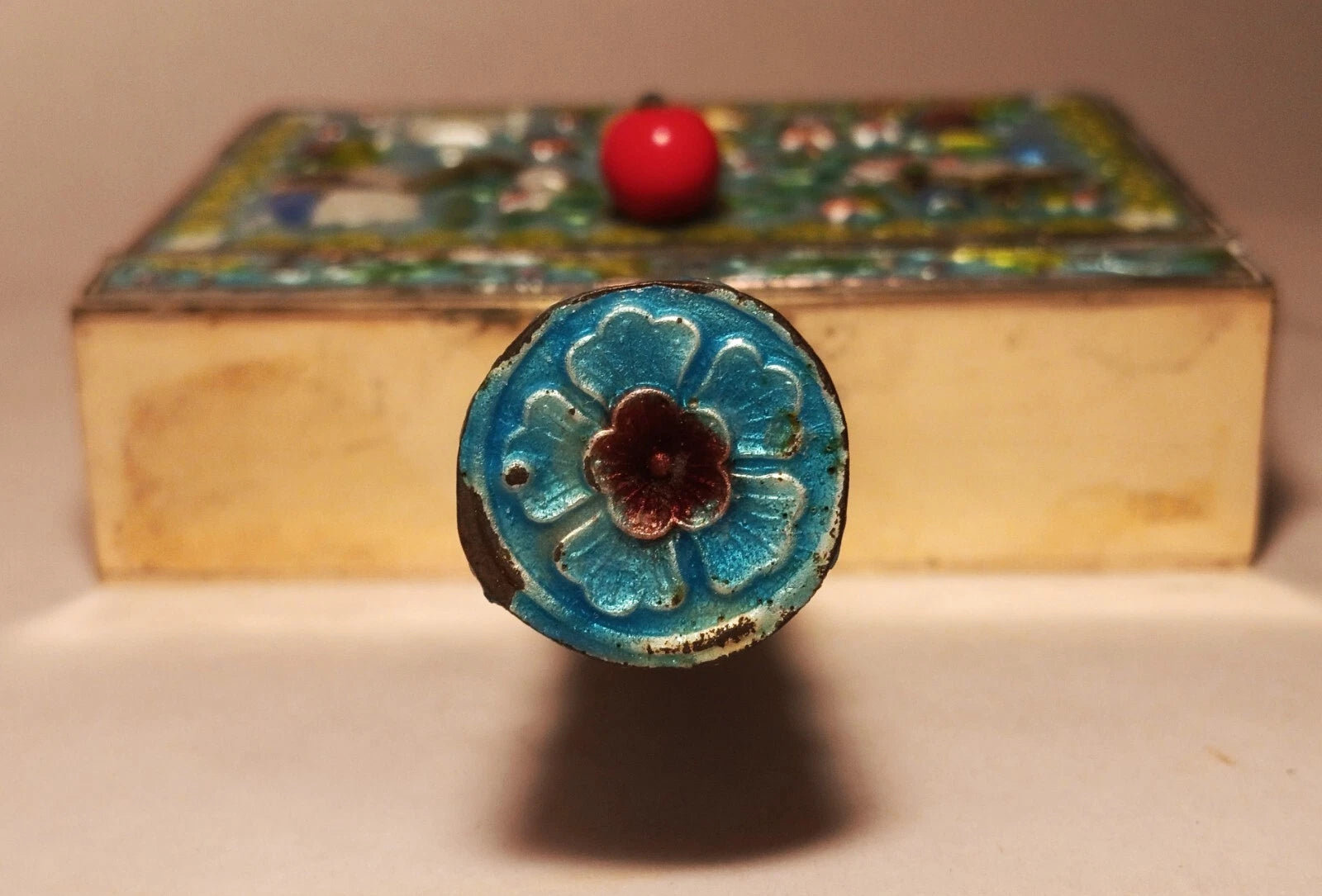 CRUMB CATCHER vtg chinese blue enamel cloisonne coin box teapot vase urn book