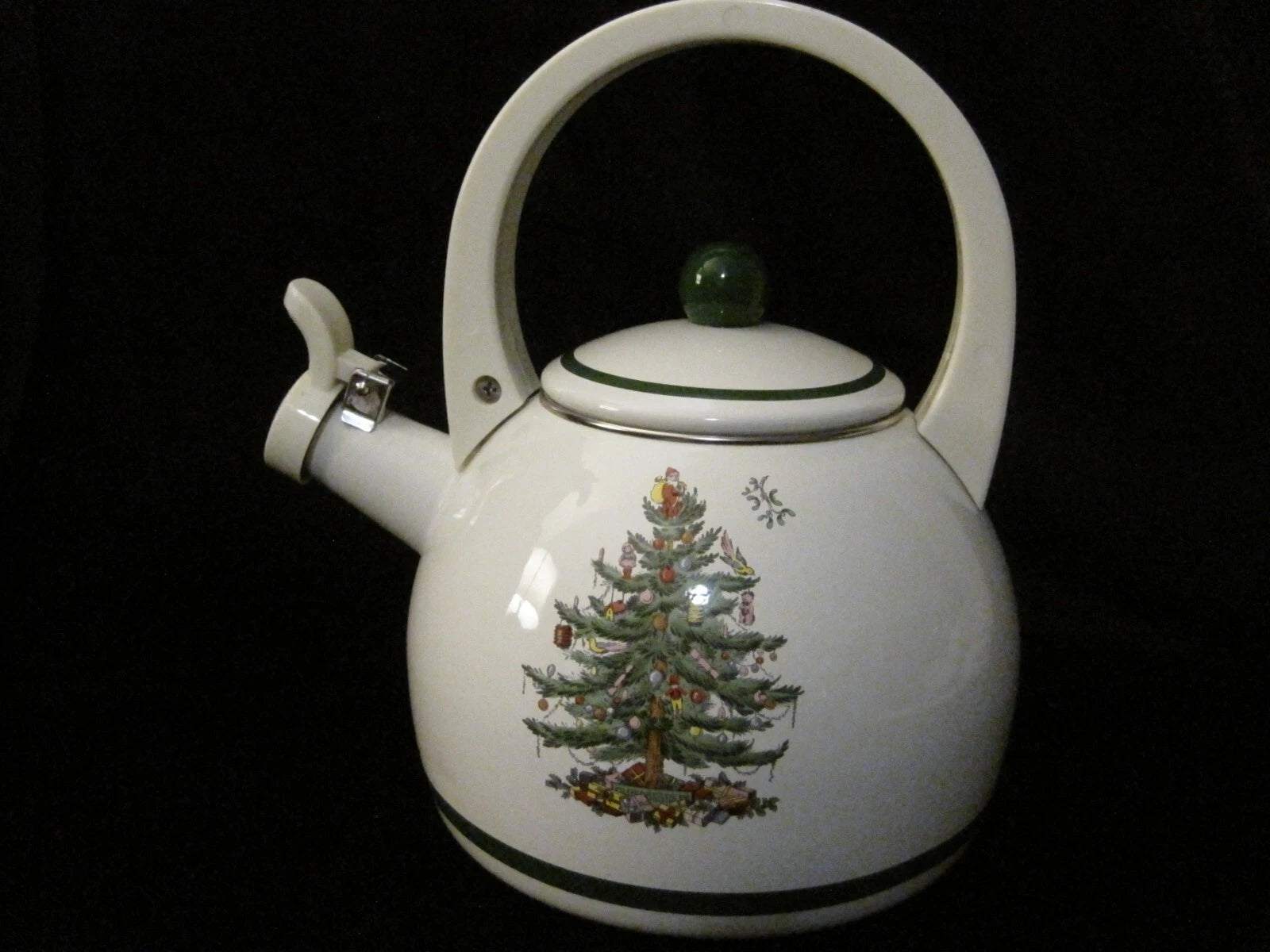 Spode Vintage Christmas Tree Metal Enamel Tea Pot Kettle, EUC