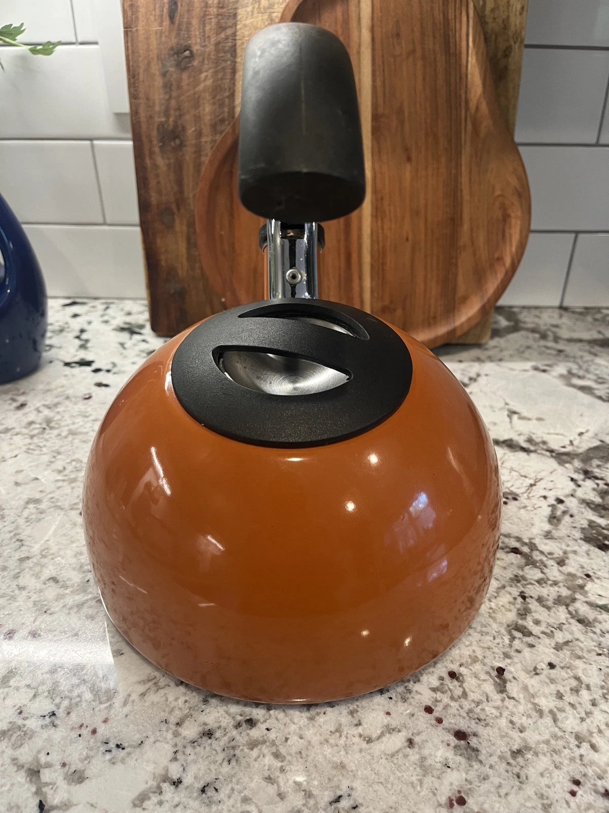 Vintage Copco Orange Enamel Whistling Tea Kettle Model 0706 Arc Handle