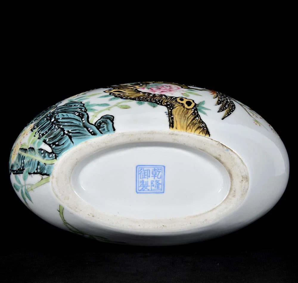 30CM Qianlong Signed Old Chinese Colour Enamel Vase W/bird N3353