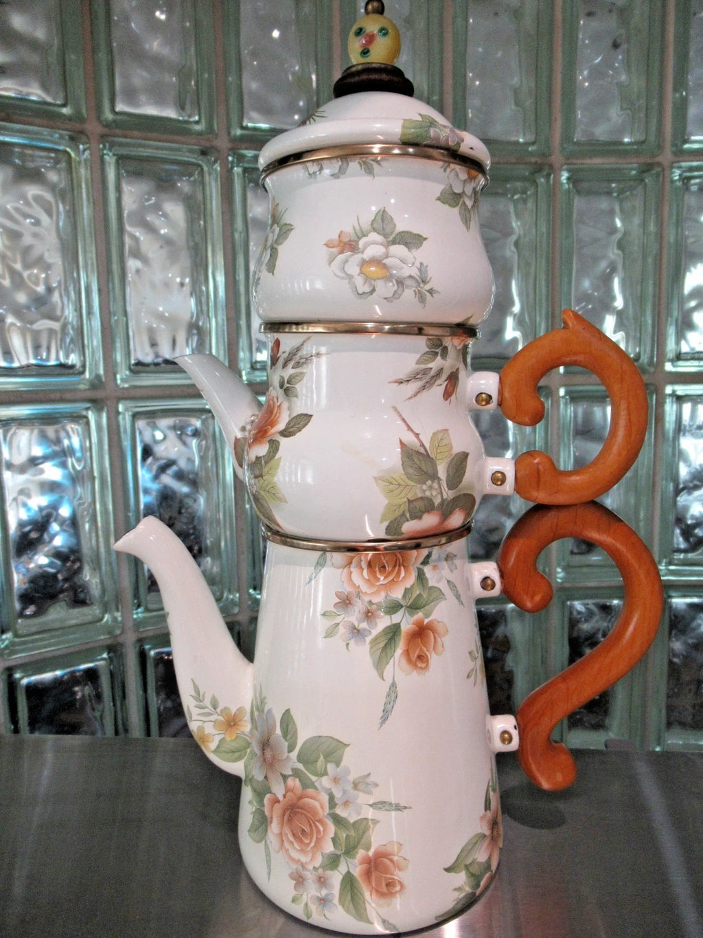 Camp MacKenzie Childs Ltd White Floral Enamelware 1995 3pcTea Set