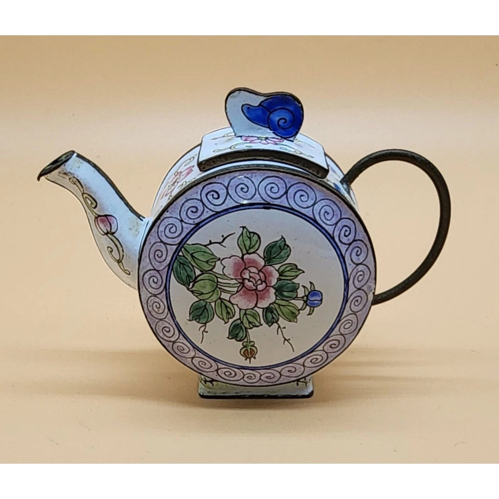 Chinemel by B. Yee Floral Pink Rose Pattern Enamel on Copper Miniature Teapot