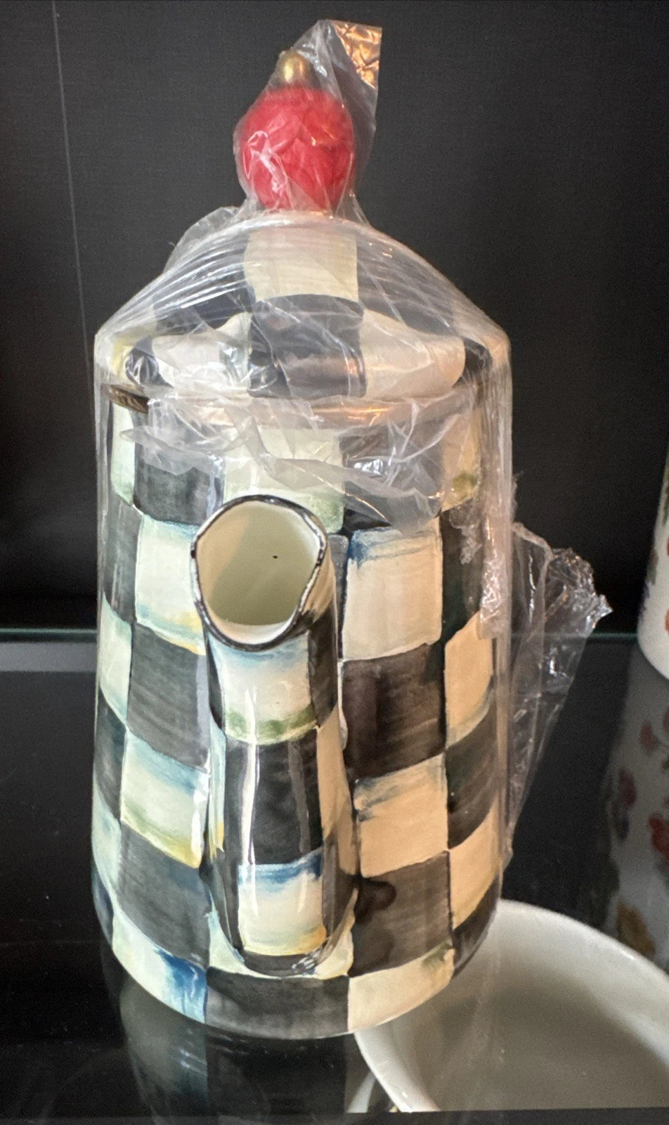 NEW MACKENZIE CHILDS COURTLY CHECK COFFEE POT & LID ENAMELWARE Large Tea Pot