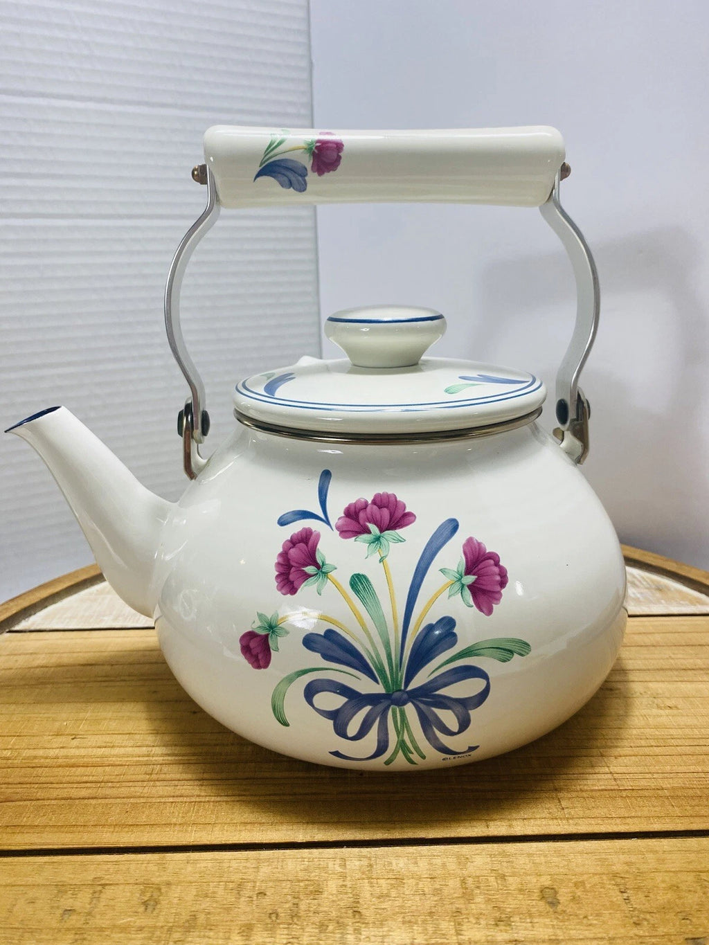 Lenox Poppies on Blue Metal Enamel Tea Kettle Teapot with Lid Nice Condition