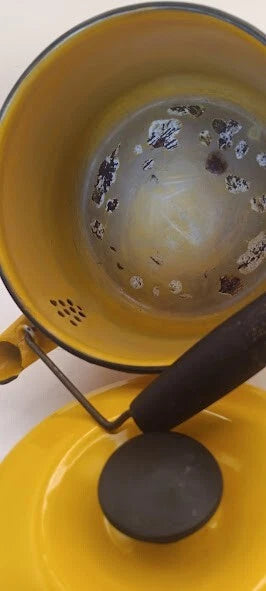 Bright Yellow Tea Kettle With Black Trim & Rust * For Decor Only *