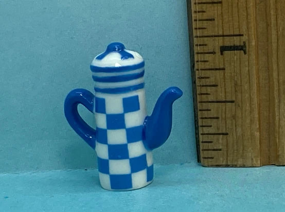 Tiny Blue Checkered Coffeepot Teapot Cooking  French Feves Dollhouse Miniatures