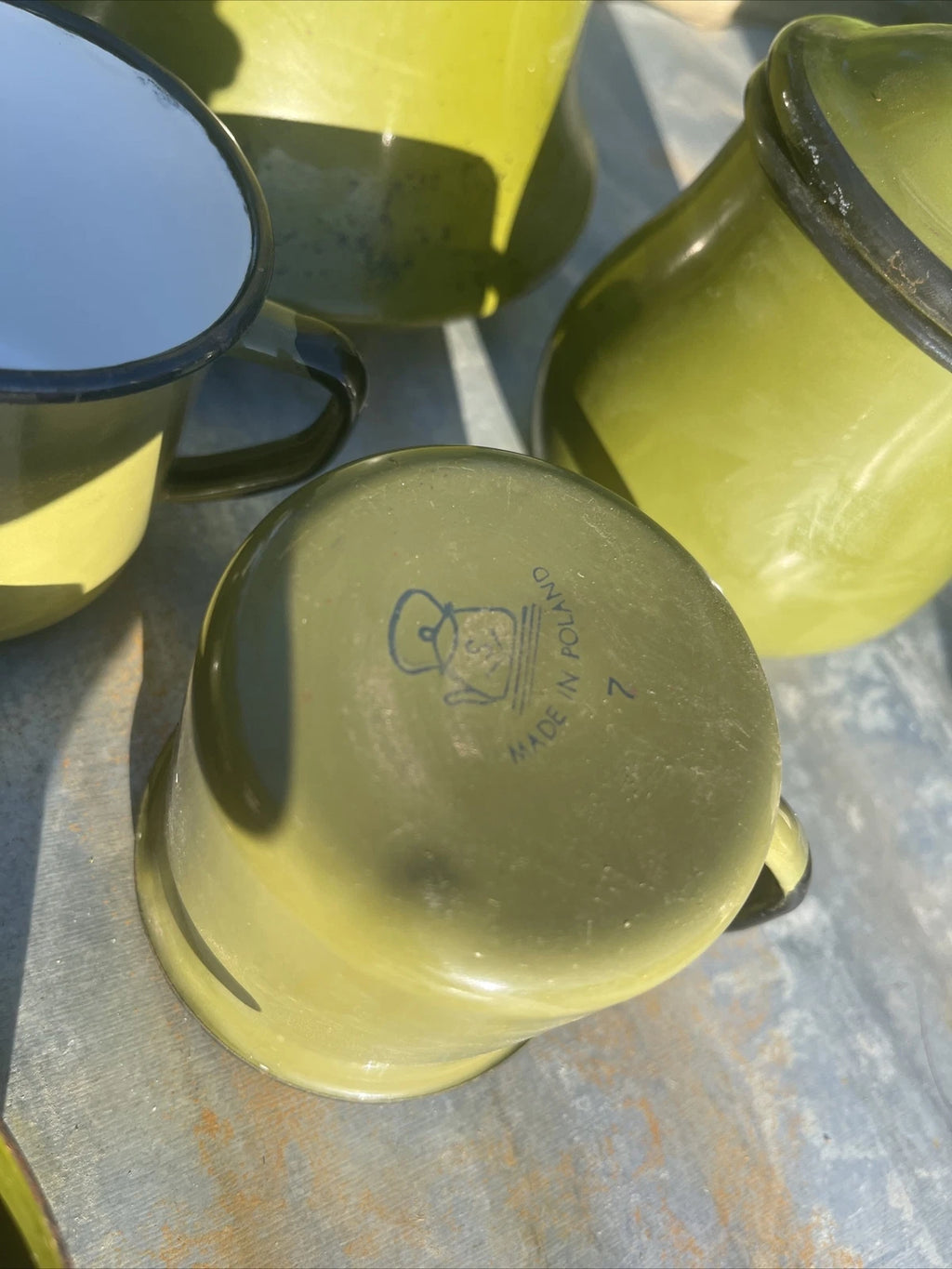 Vintage Collection Of Garden Green Enamelware Tea Pots Cups Container & Tray