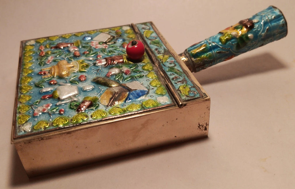 CRUMB CATCHER vtg chinese blue enamel cloisonne coin box teapot vase urn book