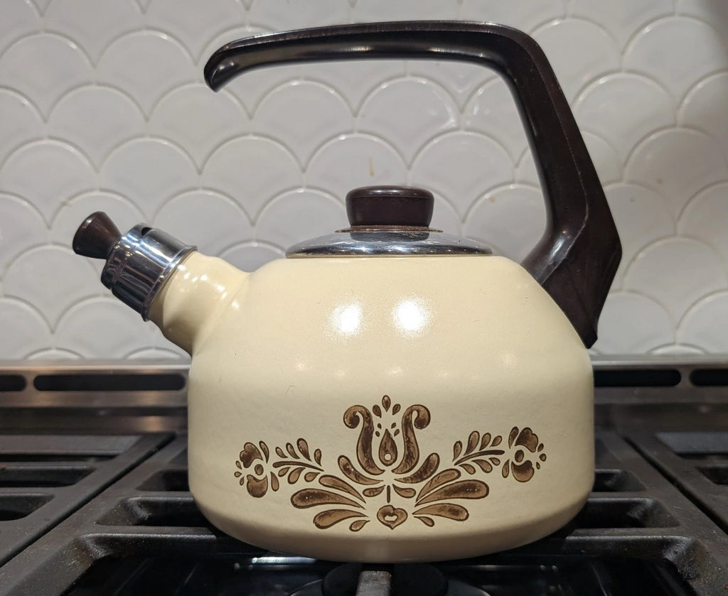 Rare Vintage Pfaltzgraff Village Enamelware Whistling Tea Kettle MCM Tea Pot