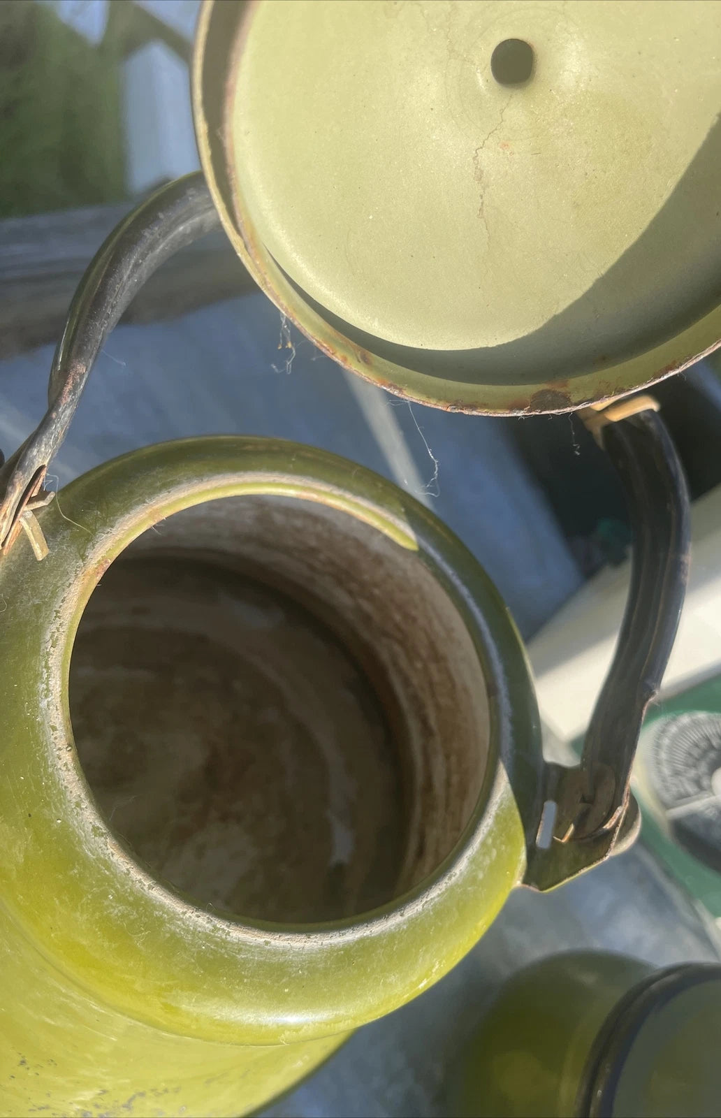 Vintage Collection Of Garden Green Enamelware Tea Pots Cups Container & Tray