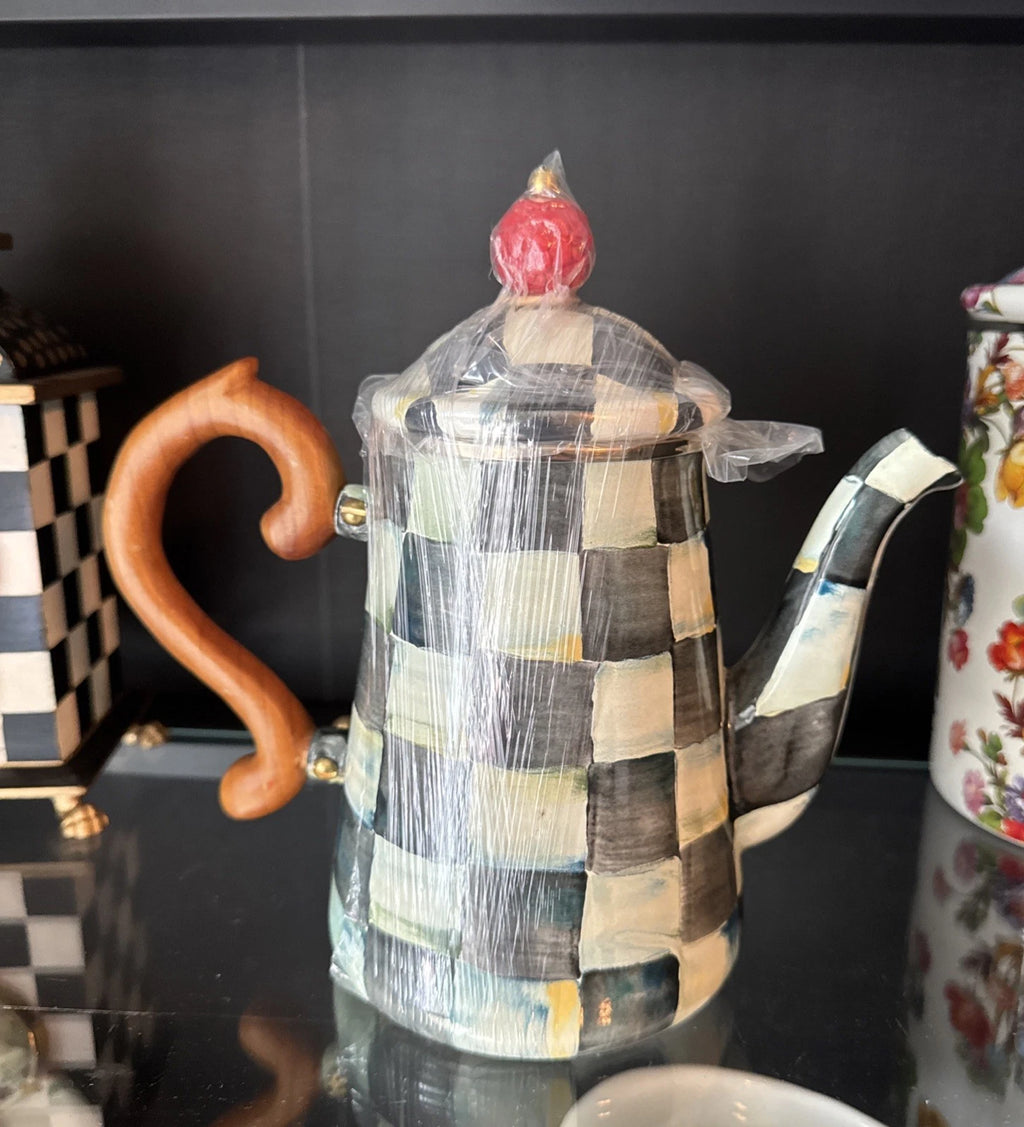 NEW MACKENZIE CHILDS COURTLY CHECK COFFEE POT & LID ENAMELWARE Large Tea Pot