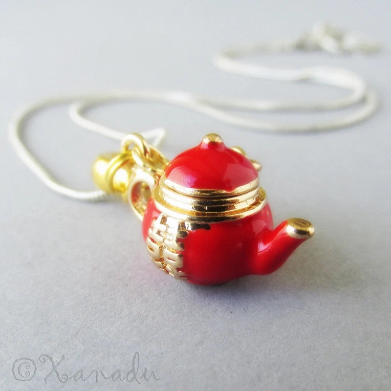 Red And Gold Double Happiness Asian Teapot European Pendant Charm Necklace