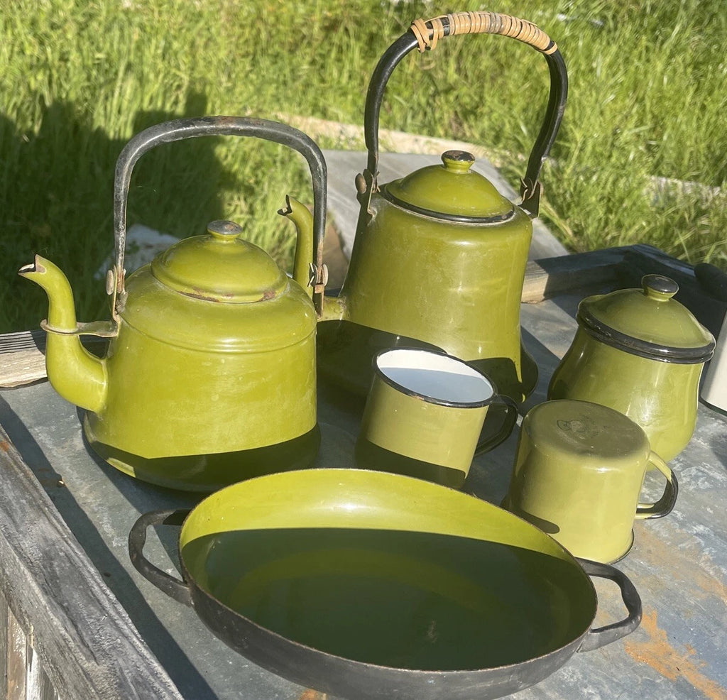 Vintage Collection Of Garden Green Enamelware Tea Pots Cups Container & Tray
