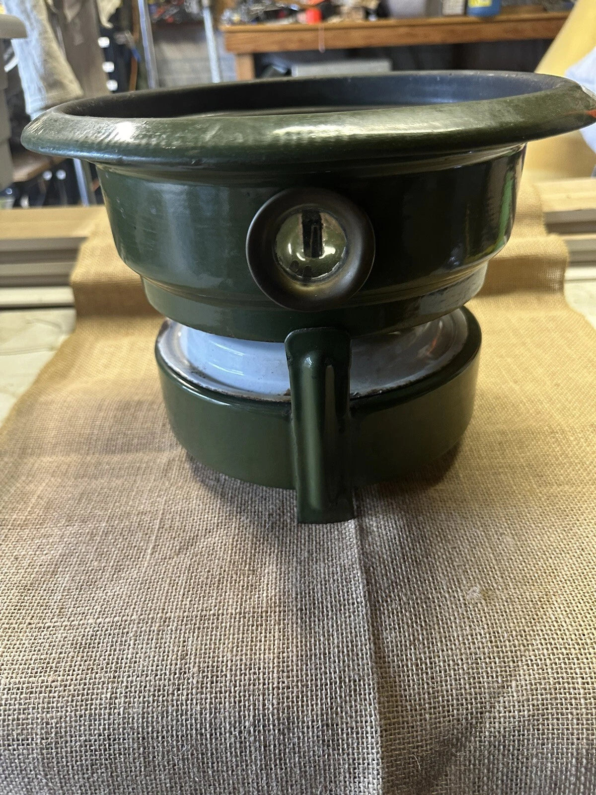 C. 1940S  Enamelware Stove Kerosene 3-wick STOVE WITH COFFEE / TEA POT - SCARCE