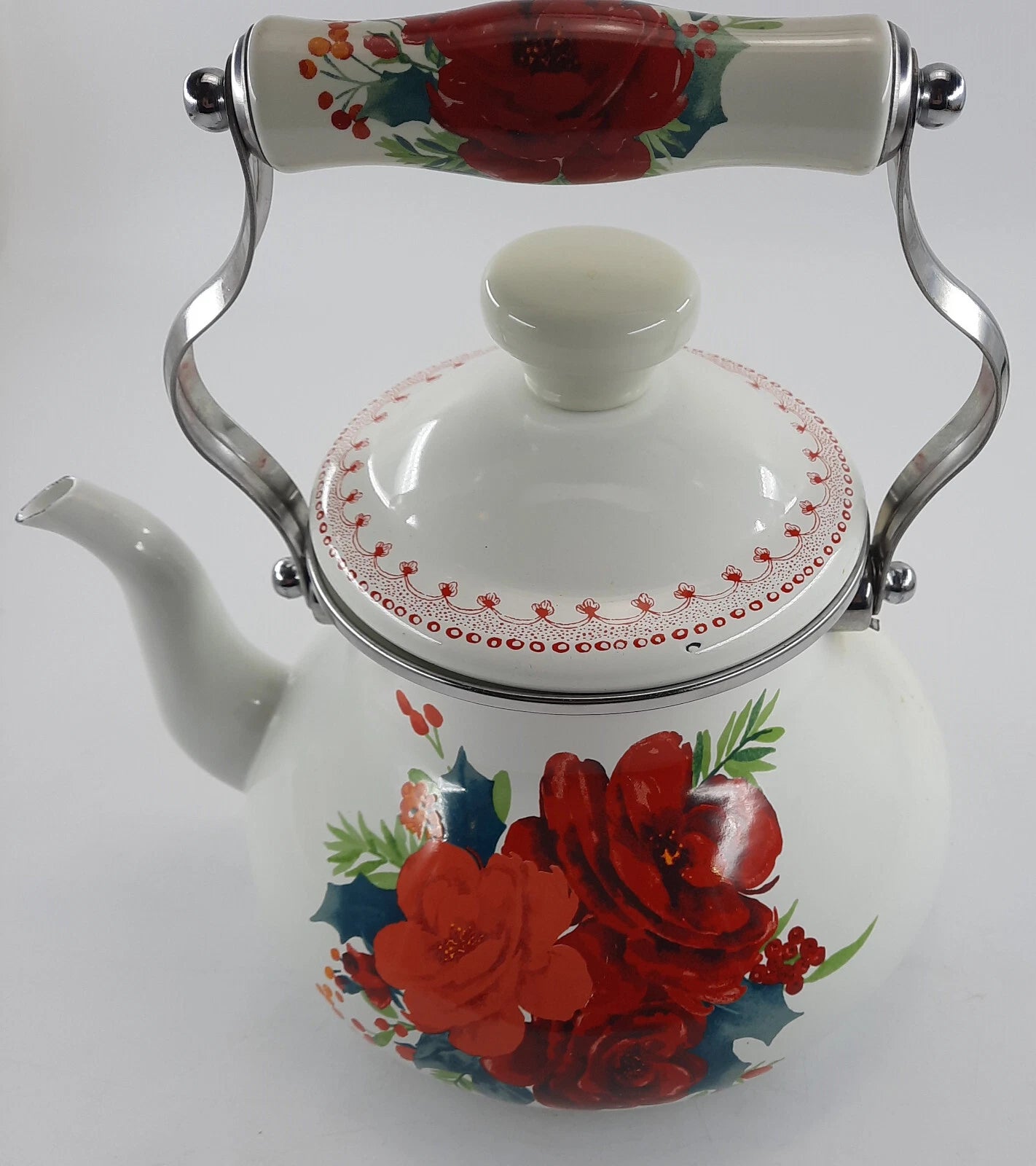 The Pioneer Woman  Enamel Tea Pot 11x9 Inches White & Red Floral Cool Handle EUC