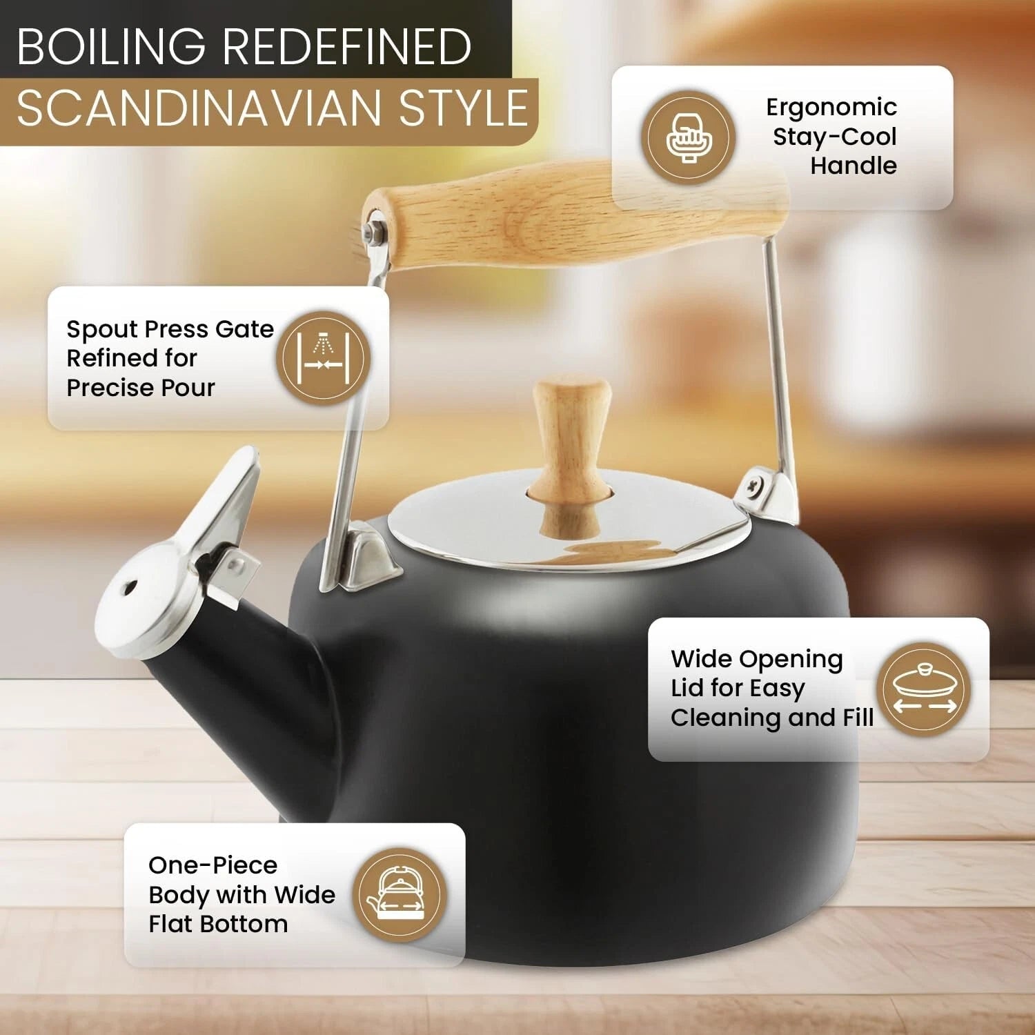 Elegant 1.4 Qt Black Enamel Whistling Teakettle with Rubberwood Stay-Cool Handle