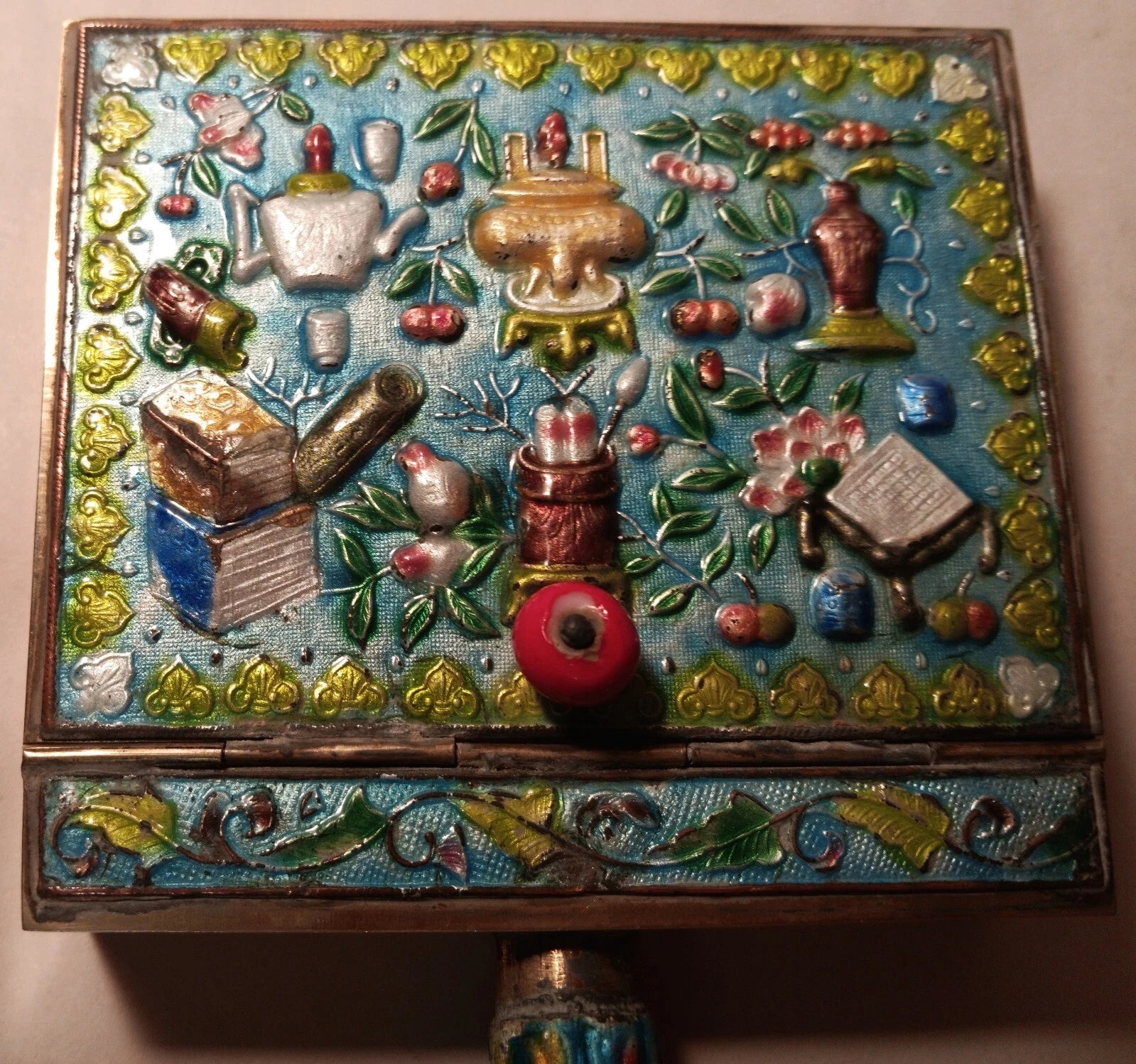 CRUMB CATCHER vtg chinese blue enamel cloisonne coin box teapot vase urn book