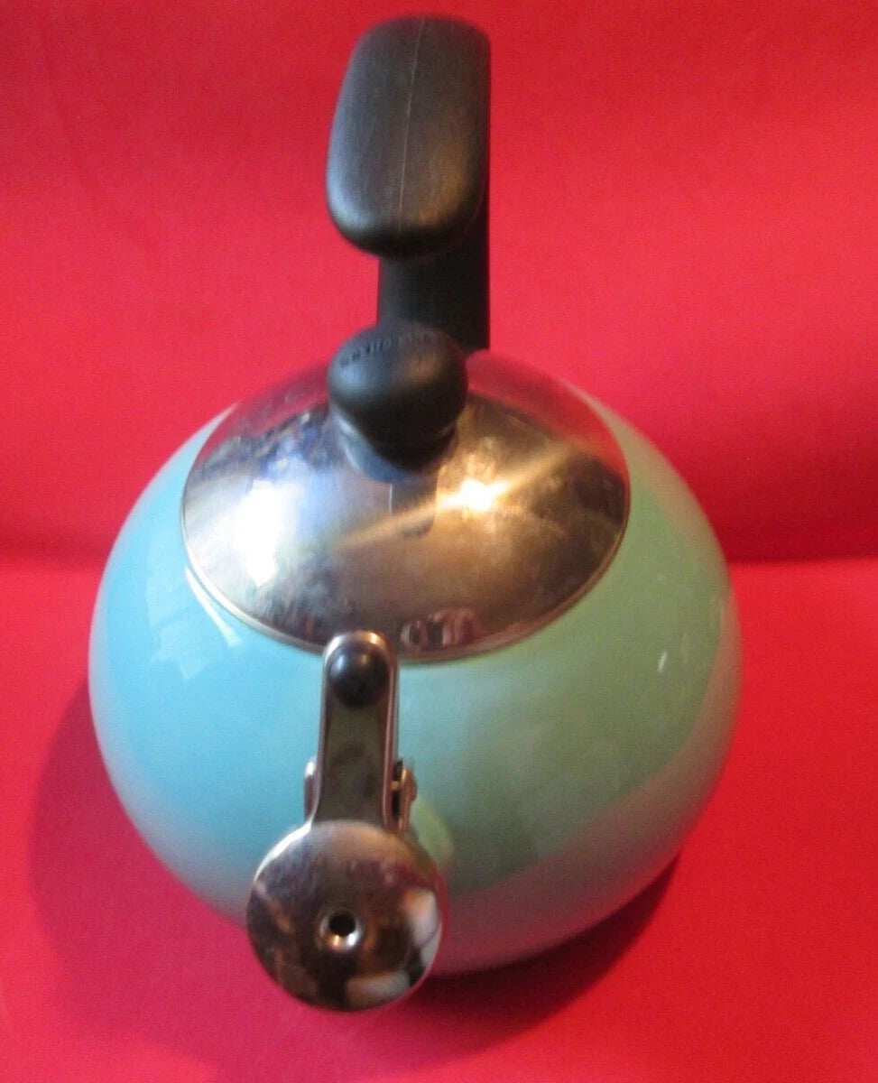 USED Farberware Luna Whistling Stovetop 2.5qt Tea Kettle Pot Aqua Teal VINTAGE