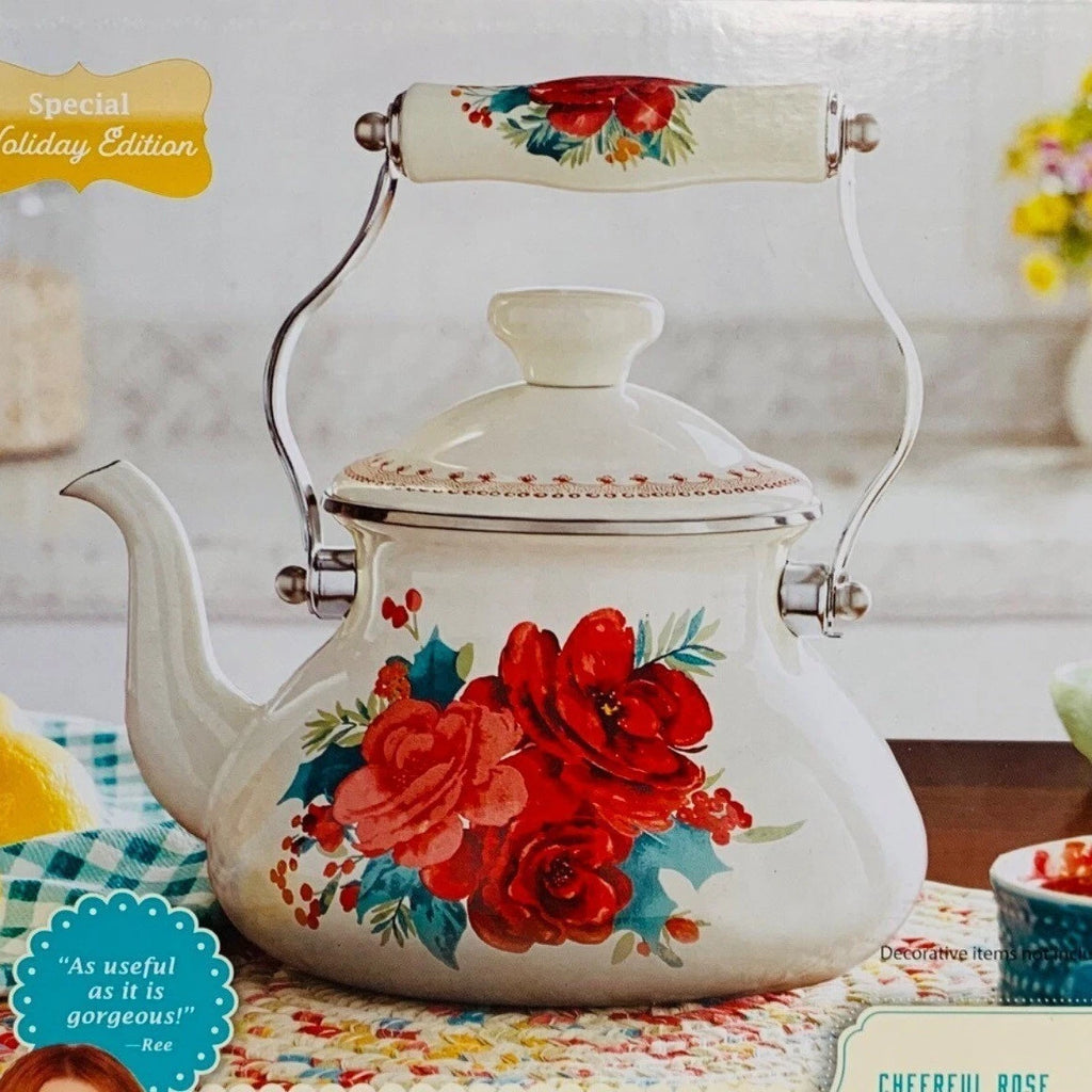 Pioneer Woman Teapot Kettle 1.9 Quart Farmhouse Decor Cheerful Rose Mother Gift