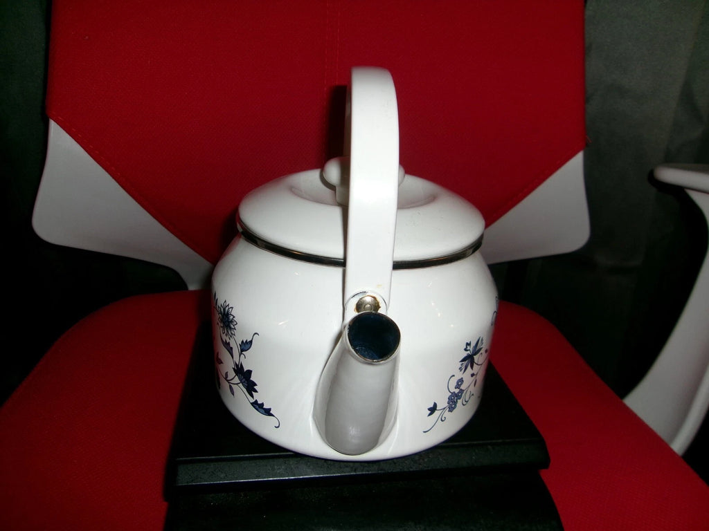 tea kettle white and blue flowers on it made in thailand