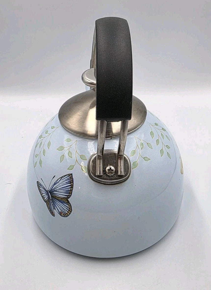 LENOX BUTTERFLY MEADOW WHISTLING TEA KETTLE. BLUE ENAMALWARE