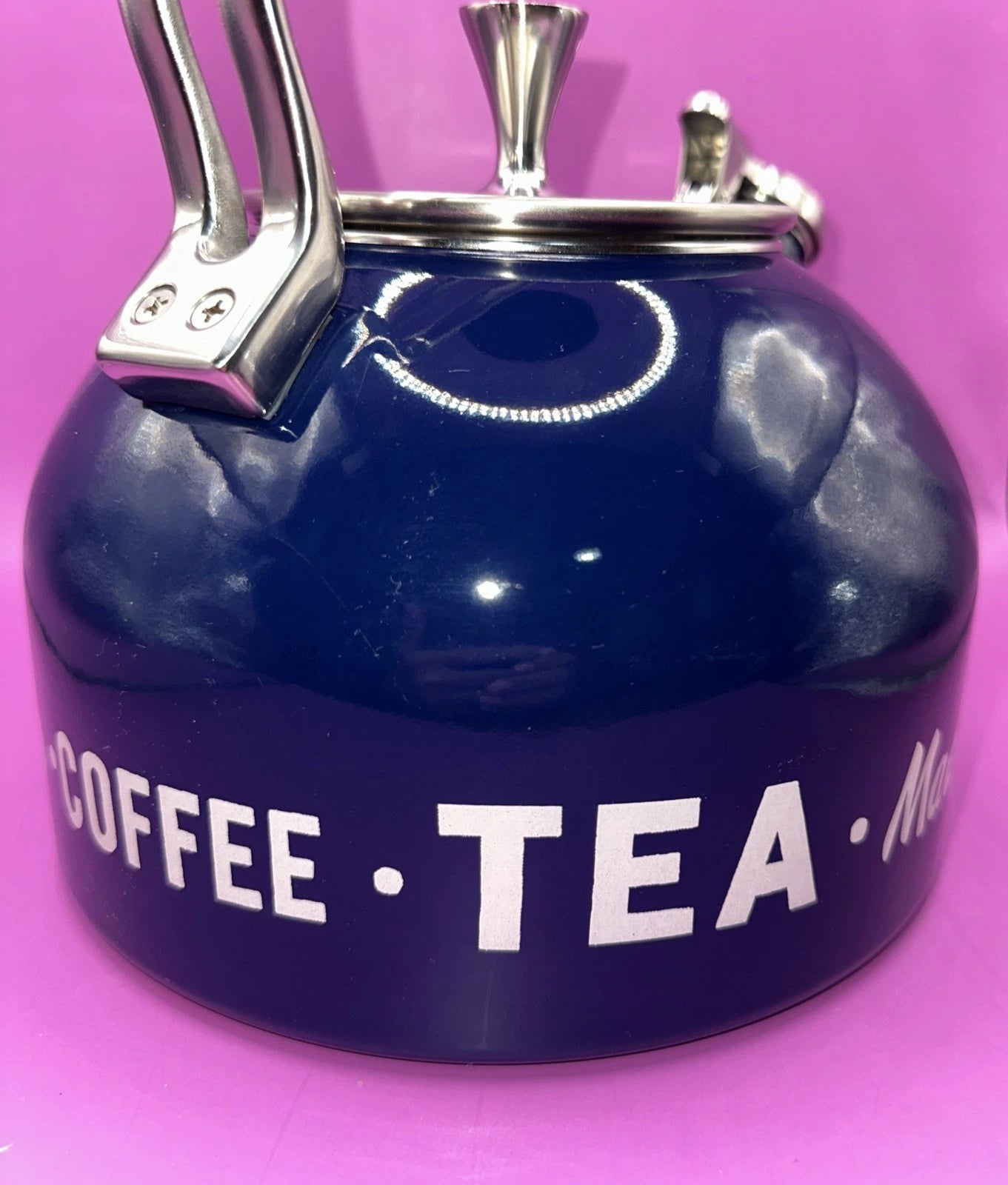 LENOX  KATE SPADE MADE TO ORDER COFFEE TEA KETTLE NAVY BLUE SILVER NICE COND