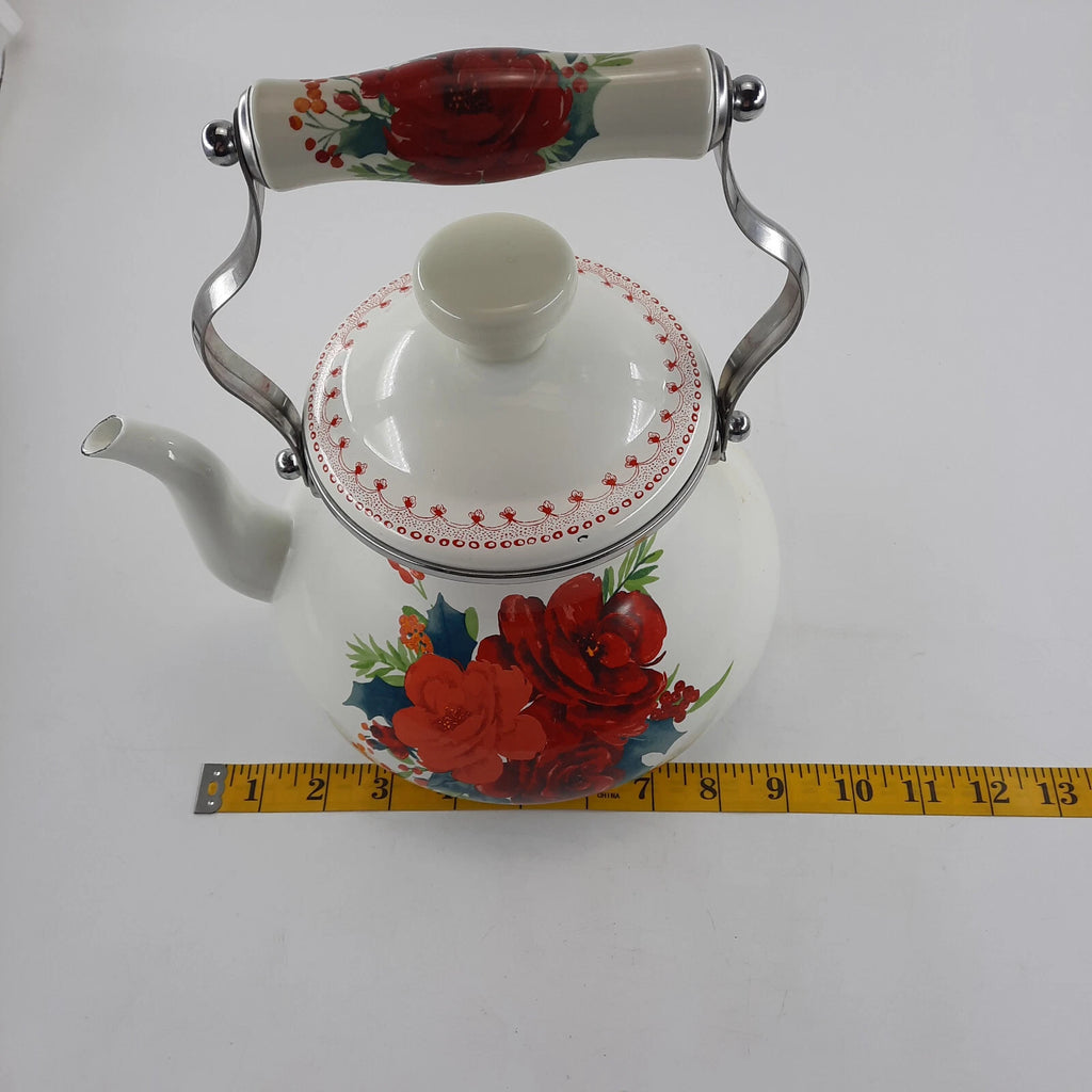 The Pioneer Woman  Enamel Tea Pot 11x9 Inches White & Red Floral Cool Handle EUC