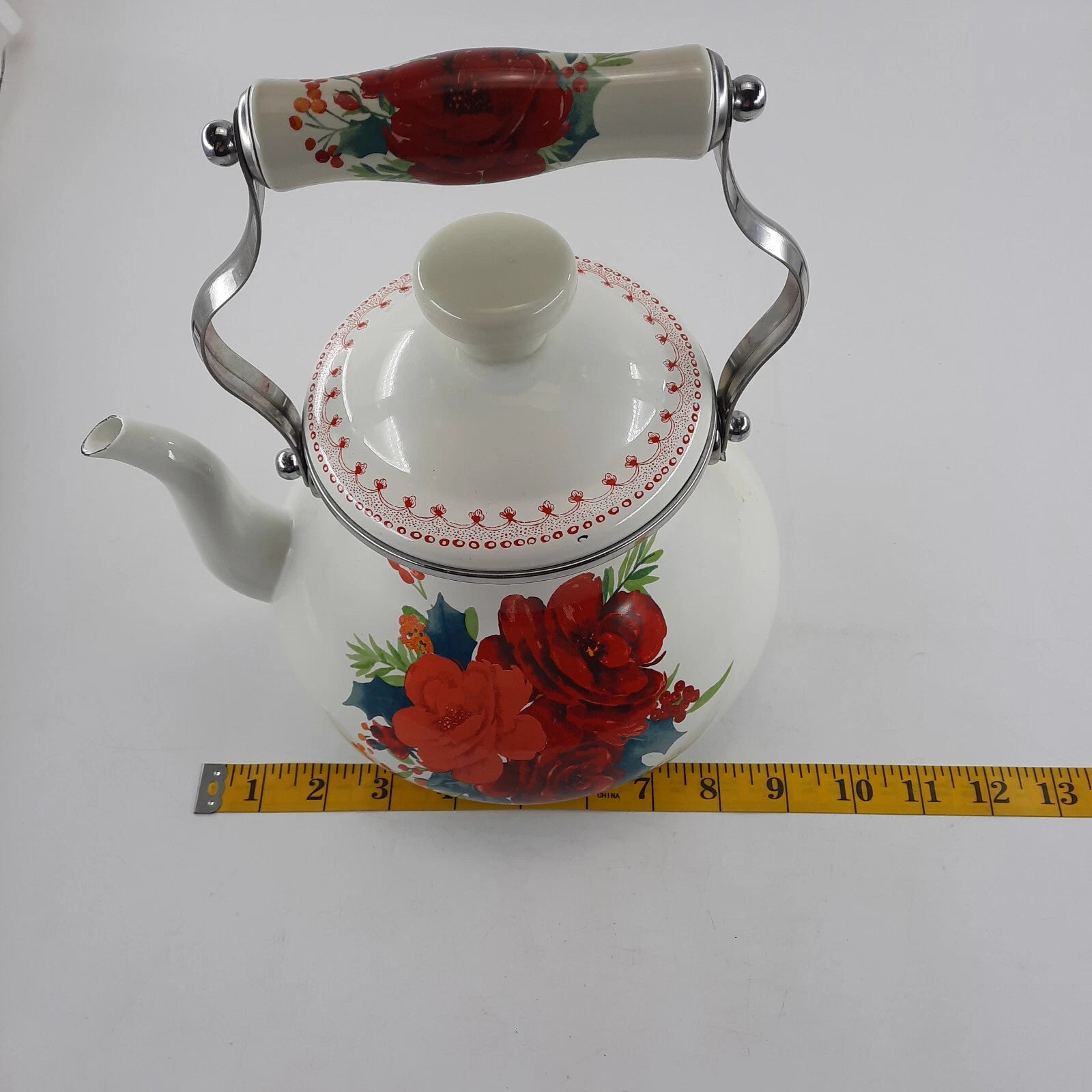 The Pioneer Woman  Enamel Tea Pot 11x9 Inches White & Red Floral Cool Handle EUC