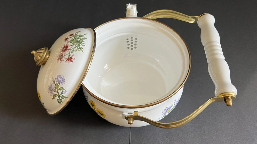 VINTAGE FLORAL TEA KETTLE ENAMEL Brass Handle