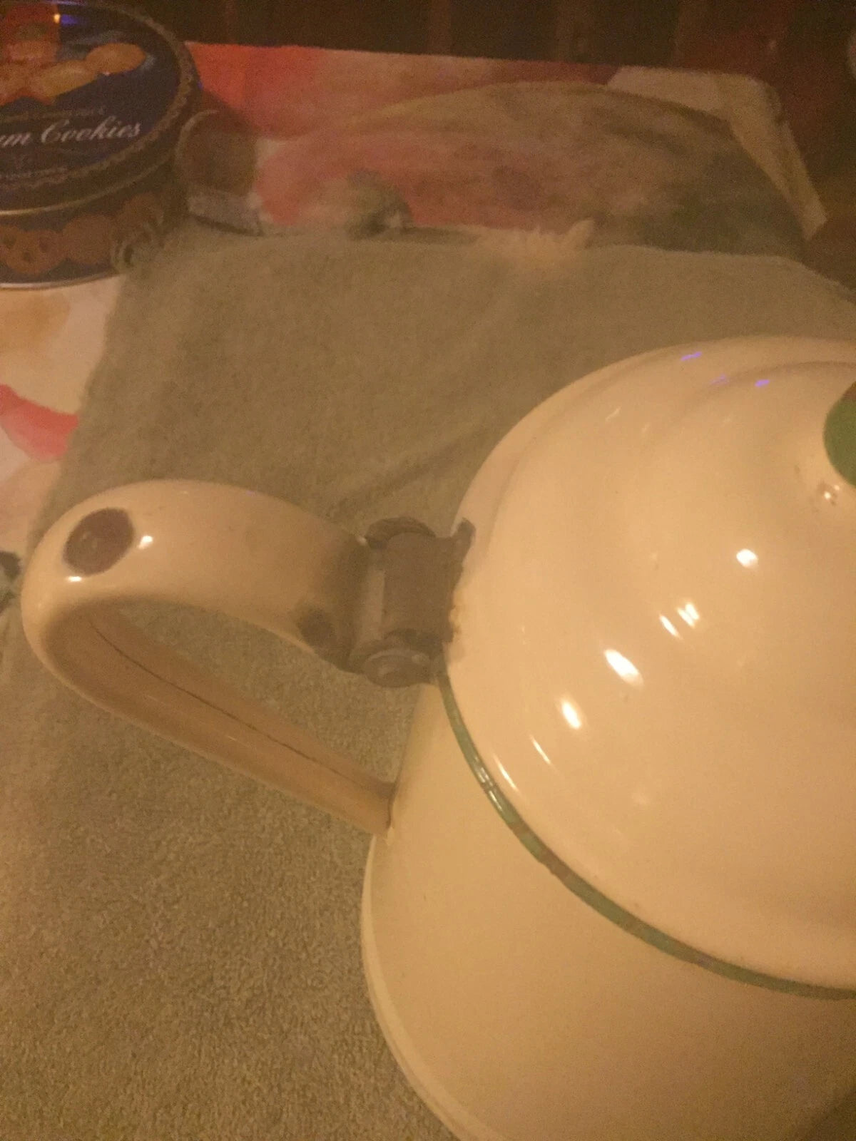 Vintage Cream-Beige and Green Enamelware Coffee Pot