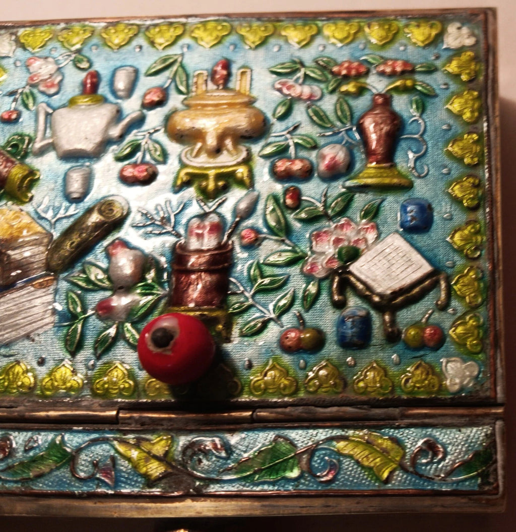 CRUMB CATCHER vtg chinese blue enamel cloisonne coin box teapot vase urn book