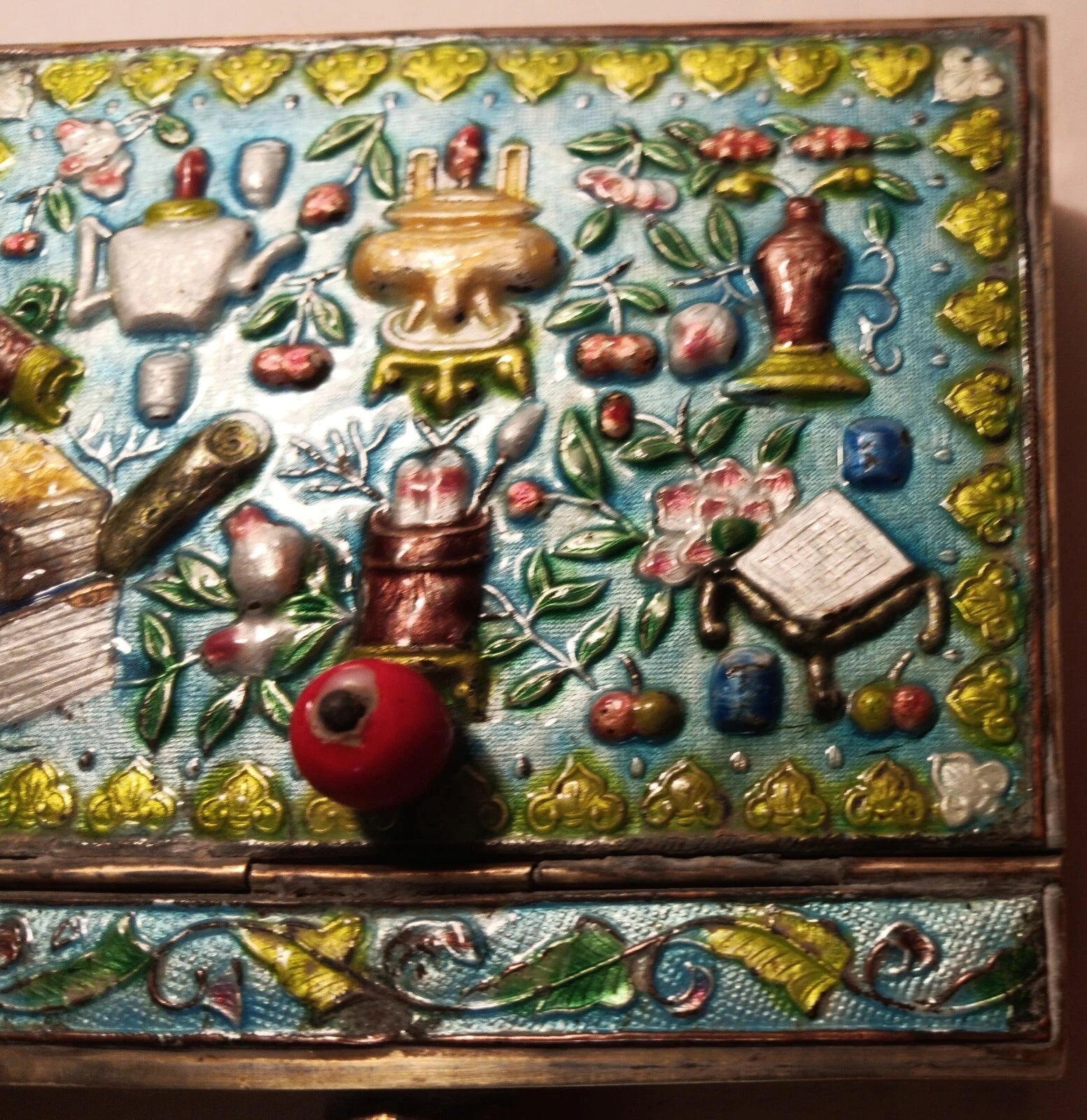 CRUMB CATCHER vtg chinese blue enamel cloisonne coin box teapot vase urn book