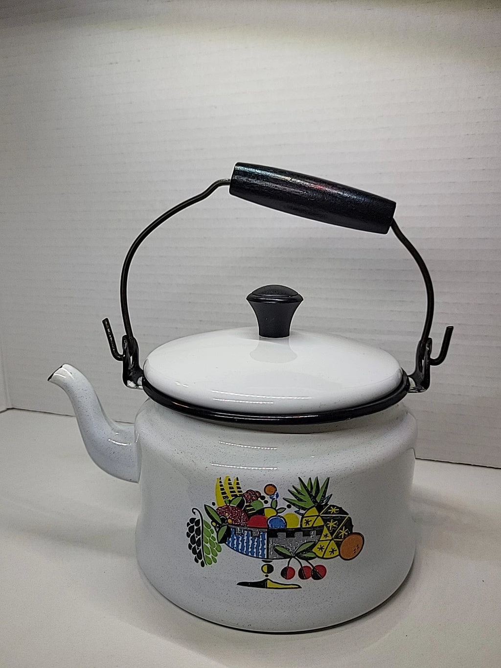 Vintage Bergren Swedish White Tin Enamelware 1960’s Tea Kettle with Fruit design